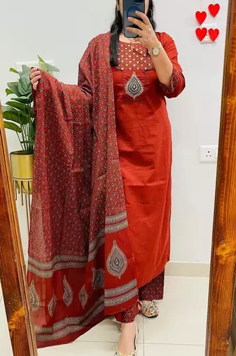 Floral embroidered round neck pure cotton kurta trosuer and dupatta set