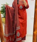 Floral embroidered round neck pure cotton kurta trosuer and dupatta set