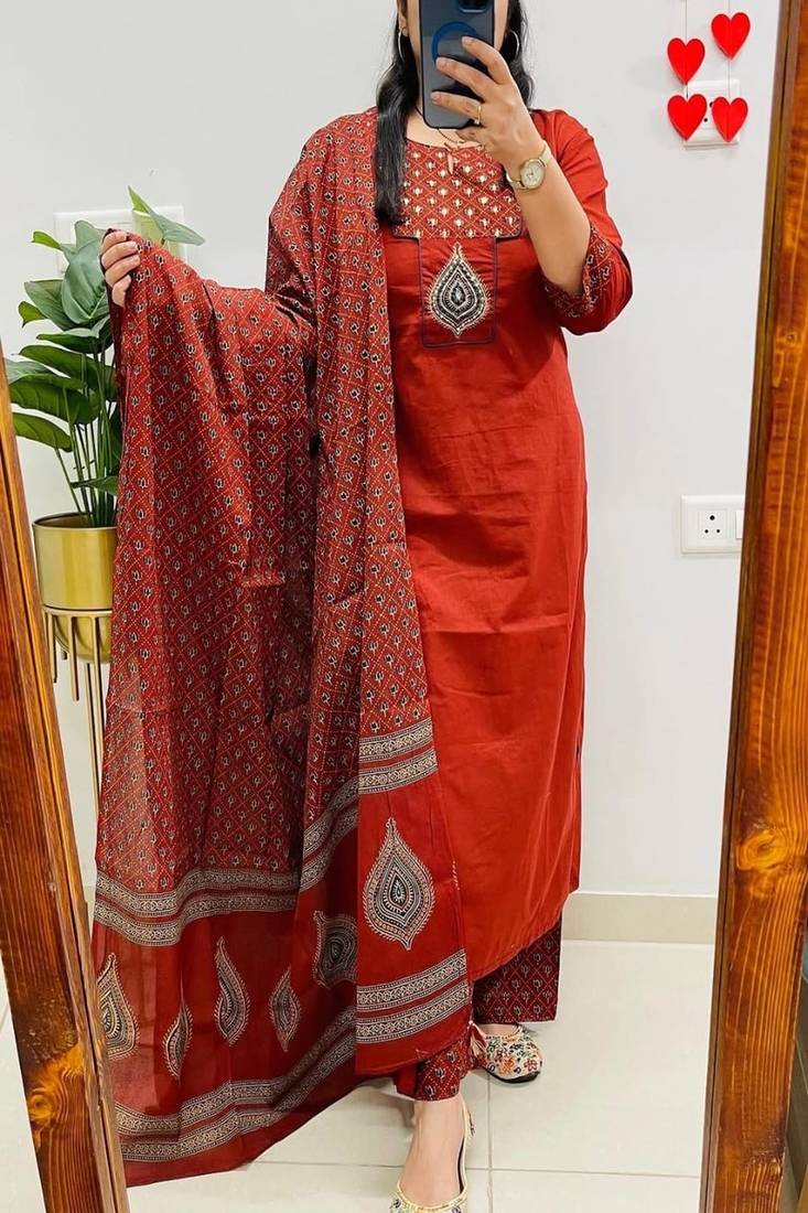 Floral embroidered round neck pure cotton kurta trosuer and dupatta set