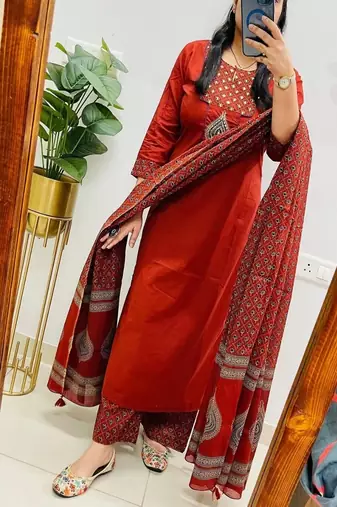 Floral embroidered round neck  cotton kurta trosuer and dupatta set