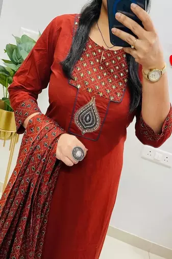 Floral embroidered round neck  cotton kurta trosuer and dupatta set