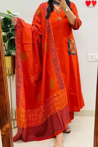 Floral embroidered v neck  cotton kurta trosuer and dupatta set