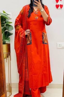 Floral embroidered v neck  cotton kurta trosuer and dupatta set 1