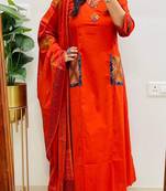 Floral embroidered v neck pure cotton kurta trosuer and dupatta set