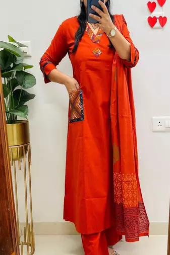 Floral embroidered v neck  cotton kurta trosuer and dupatta set