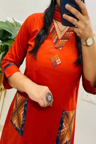Floral embroidered v neck  cotton kurta trosuer and dupatta set