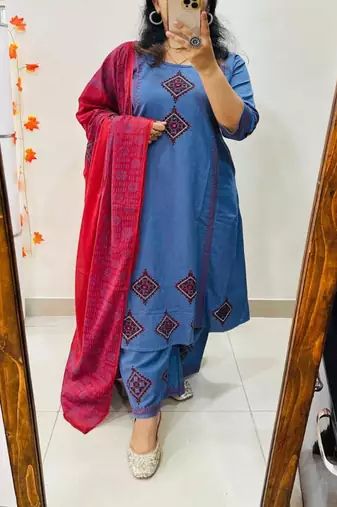 Floral embroidered round neck pure cotton kurta trosuer and dupatta set