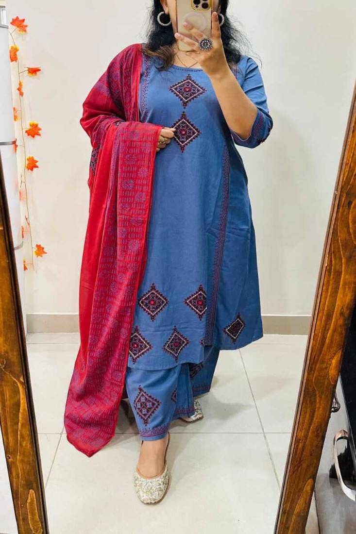 Floral embroidered round neck pure cotton kurta trosuer and dupatta set