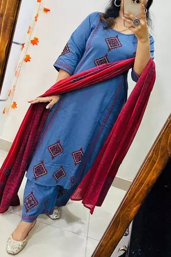 Floral embroidered round neck  cotton kurta trosuer and dupatta set