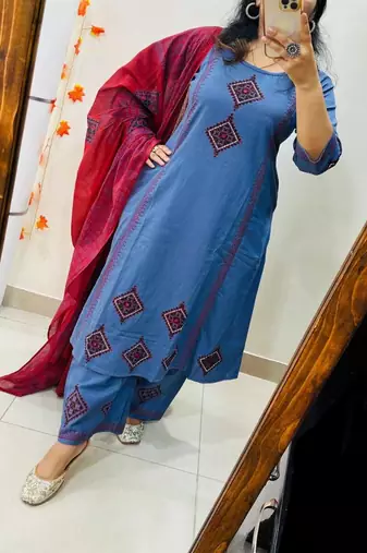 Floral embroidered round neck  cotton kurta trosuer and dupatta set