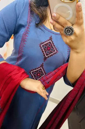 Floral embroidered round neck  cotton kurta trosuer and dupatta set