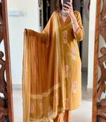 Floral embroidered v neck pure cotton kurta trosuer and dupatta set