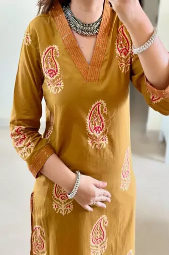 Floral embroidered v neck  cotton kurta trosuer and dupatta set