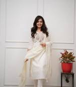 Floral embroidered u neck pure cotton kurta trosuer and dupatta set