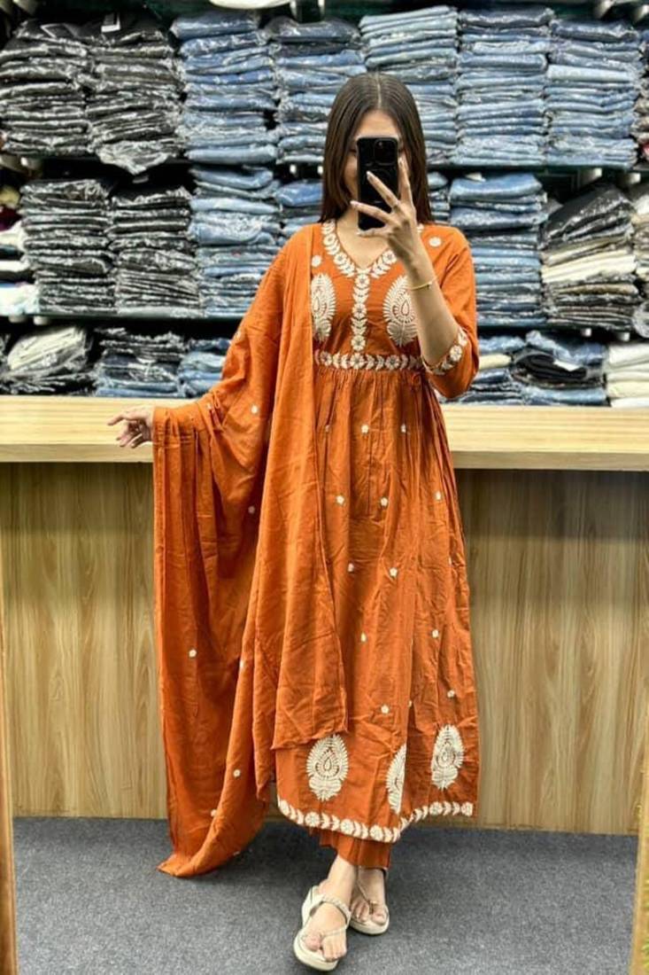 Floral embroidered v neck pure cotton kurta trosuer and dupatta set