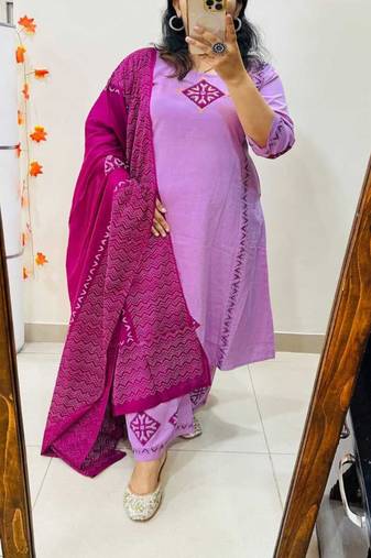 Floral embroidered round neck pure cotton kurta trosuer and dupatta set