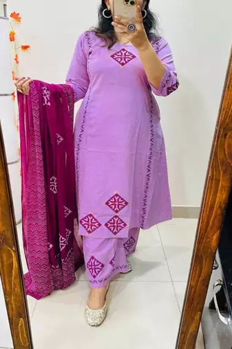 Floral embroidered round neck  cotton kurta trosuer and dupatta set