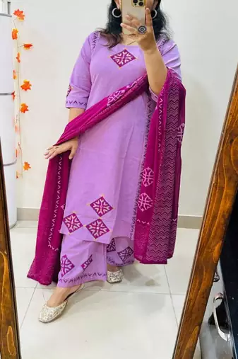 Floral embroidered round neck  cotton kurta trosuer and dupatta set