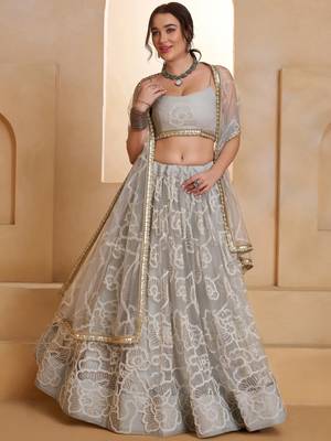 Captivating Grey Embroidered Net Party Wear Lehenga Choli 1