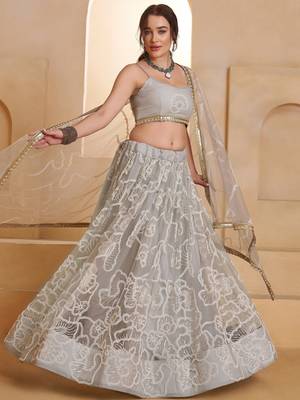 Captivating Grey Embroidered Net Party Wear Lehenga Choli 2
