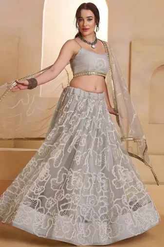 Captivating Grey Embroidered Net Party Wear Lehenga Choli