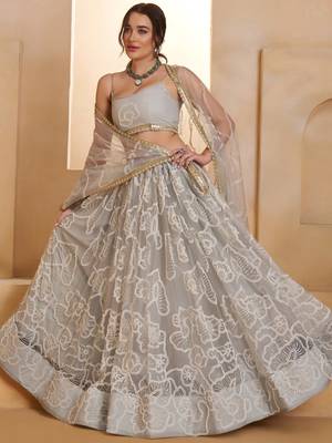 Captivating Grey Embroidered Net Party Wear Lehenga Choli 3