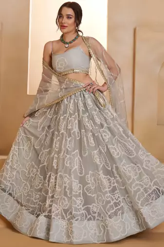 Captivating Grey Embroidered Net Party Wear Lehenga Choli