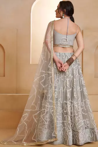 Captivating Grey Embroidered Net Party Wear Lehenga Choli