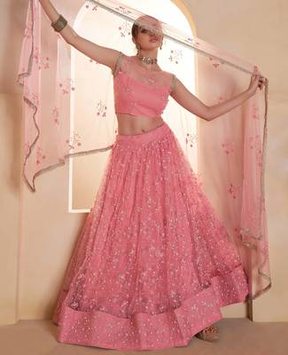Glowing Pink Thread Embroidered Net Reception Wear Lehenga Choli 1