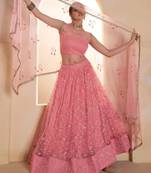 Glowing Pink Thread Embroidered Net Reception Wear Lehenga Choli