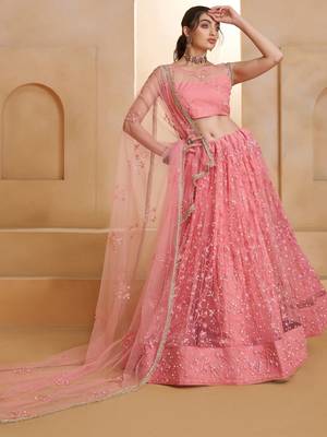 Glowing Pink Thread Embroidered Net Reception Wear Lehenga Choli 3