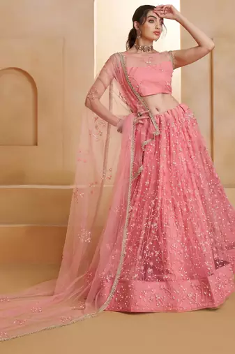 Glowing Pink Thread Embroidered Net Reception Wear Lehenga Choli