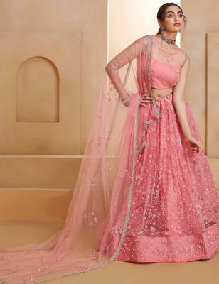 Glowing Pink Thread Embroidered Net Reception Wear Lehenga Choli 4