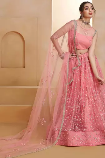 Glowing Pink Thread Embroidered Net Reception Wear Lehenga Choli