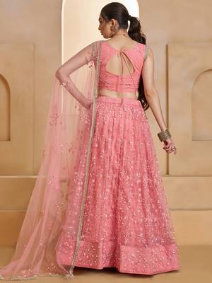 Glowing Pink Thread Embroidered Net Reception Wear Lehenga Choli 5