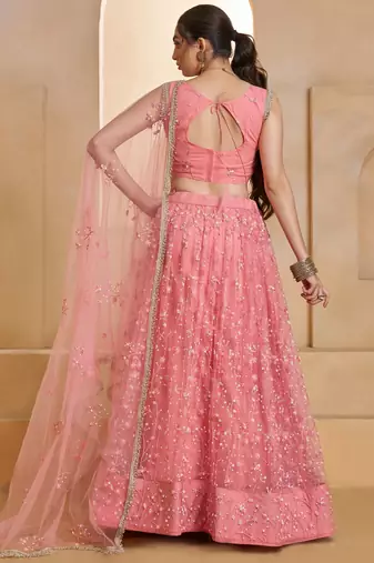 Glowing Pink Thread Embroidered Net Reception Wear Lehenga Choli