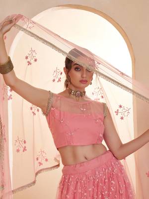 Glowing Pink Thread Embroidered Net Reception Wear Lehenga Choli 6