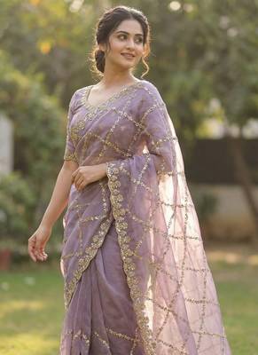Lavender Color Gold  Beads Work with Cut work Satin art silk saree 1