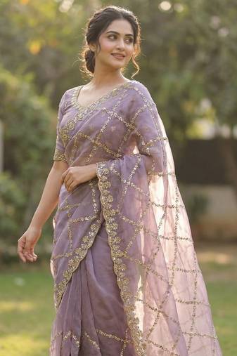 Lavender Color Gold  Beads Work with Cut work Satin Silk Saree