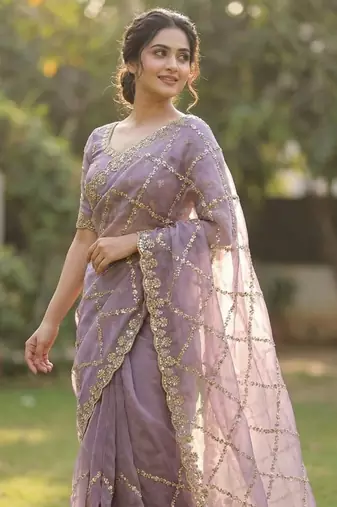Lavender Color Gold  Beads Work with Cut work Satin Silk Saree