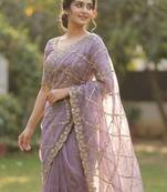 Lavender Color Gold  Beads Work with Cut work Satin Silk Saree
