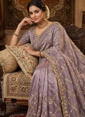 Lavender Color Gold  Beads Work with Cut work Satin art silk saree 2