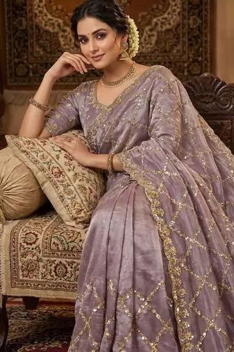 Lavender Color Gold  Beads Work with Cut work Satin art silk saree