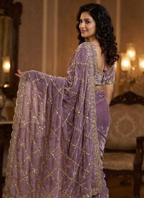 Lavender Color Gold  Beads Work with Cut work Satin art silk saree 3