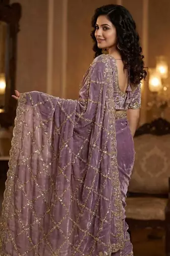 Lavender Color Gold  Beads Work with Cut work Satin art silk saree