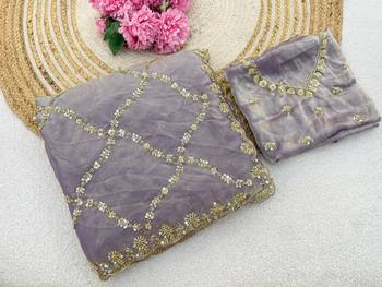 Lavender Color Gold  Beads Work with Cut work Satin art silk saree 4