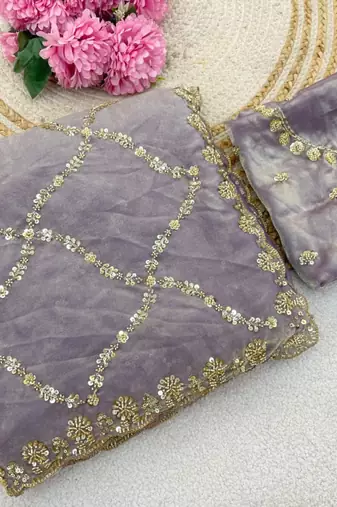 Lavender Color Gold  Beads Work with Cut work Satin art silk saree