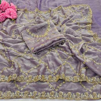 Lavender Color Gold  Beads Work with Cut work Satin art silk saree 5