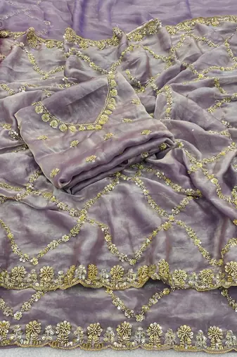 Lavender Color Gold  Beads Work with Cut work Satin art silk saree