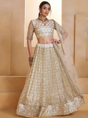 Fantastic Off-White Thread Embroidered Net Wedding Wear Lehenga Choli 1